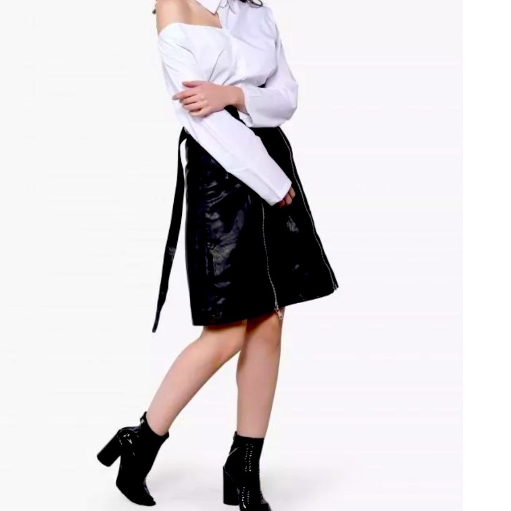 Storets Black Emilia Belted Zip Front Leather Skirt